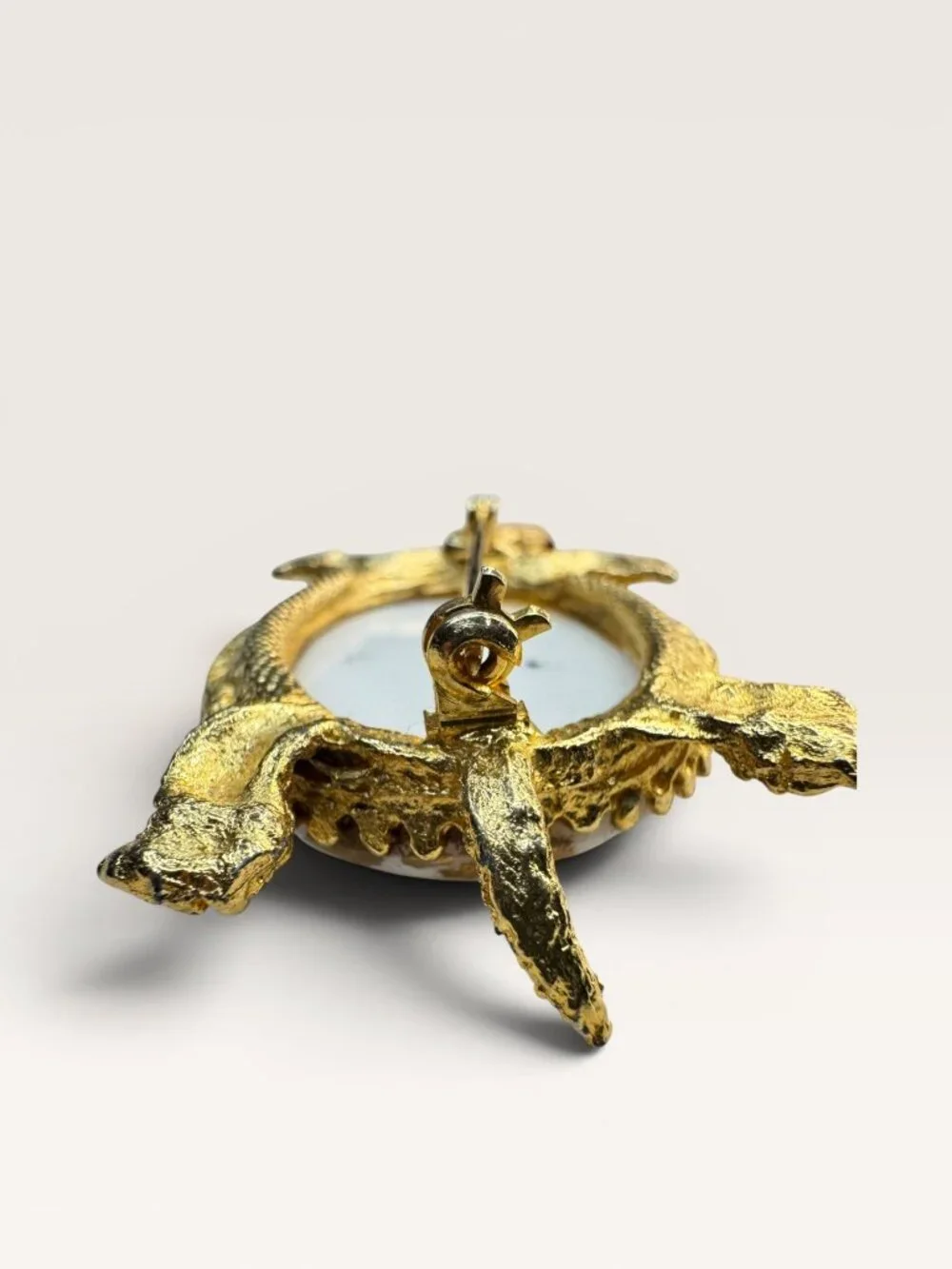 1960s White Glass Gold Leaf Turtle Brooch Gold Tone Figural Animal Vintage